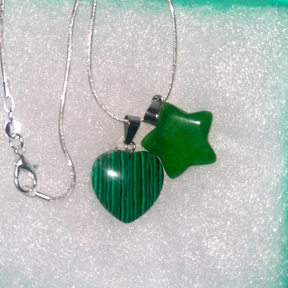 Boho hippie Jade Star and Faux Malachite heart ❤️ Sterling Silver Neckl…